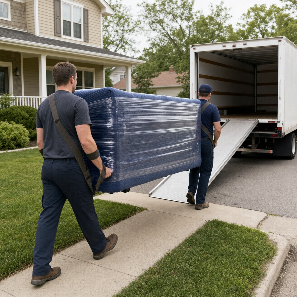 Uniformed Fayetteville moving crew carrying a shrink-wrapped sofa down a residential walkway toward an open box-truck ramp